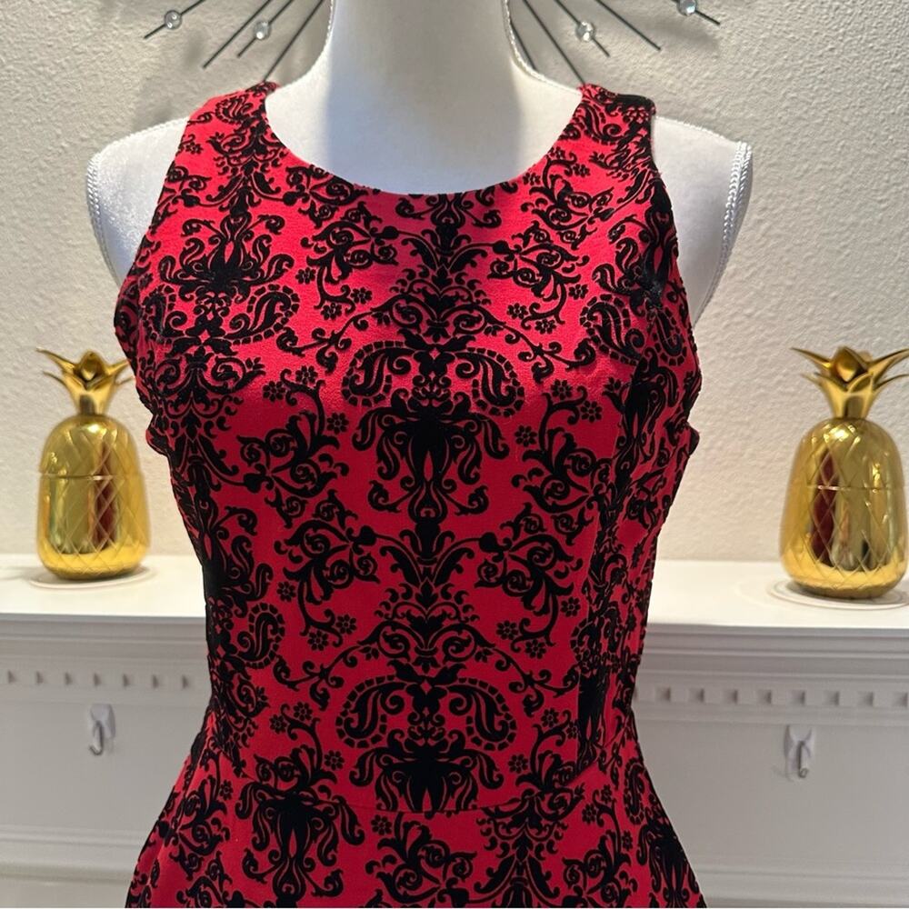 Skies are Blue fit and flare dress, red with black velvet brocade, XS - Picture 2 of 11